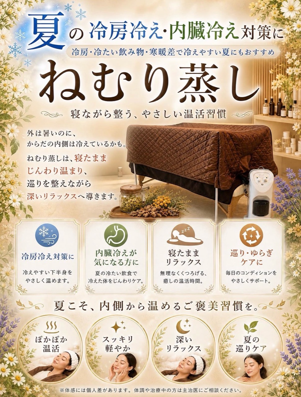 夏の冷房冷え対策とねむり蒸しを紹介する提供資料